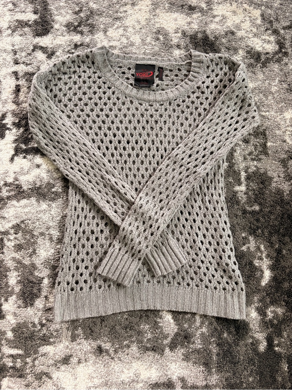 Gray Open-Knit Crewneck Sweater
